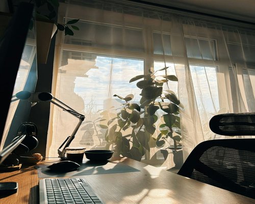 A bright home office near a window with translucent curtains softening the sunlight